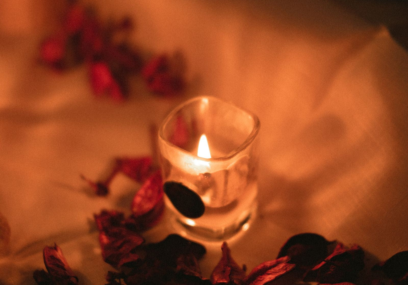 Mum ışığı ve gül yaprakları — romantik akşam atmosferi