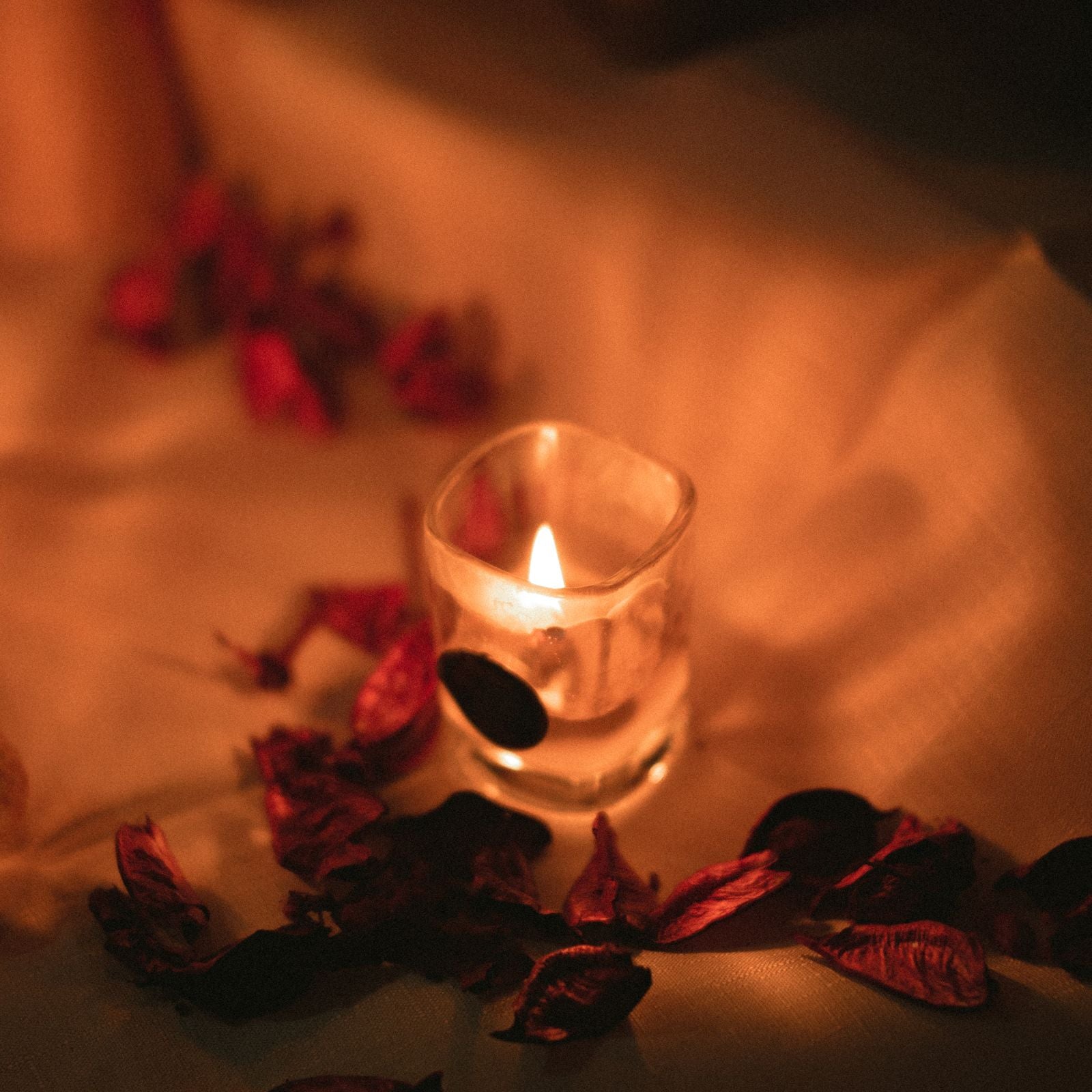 Mum ışığı ve gül yaprakları — romantik akşam atmosferi