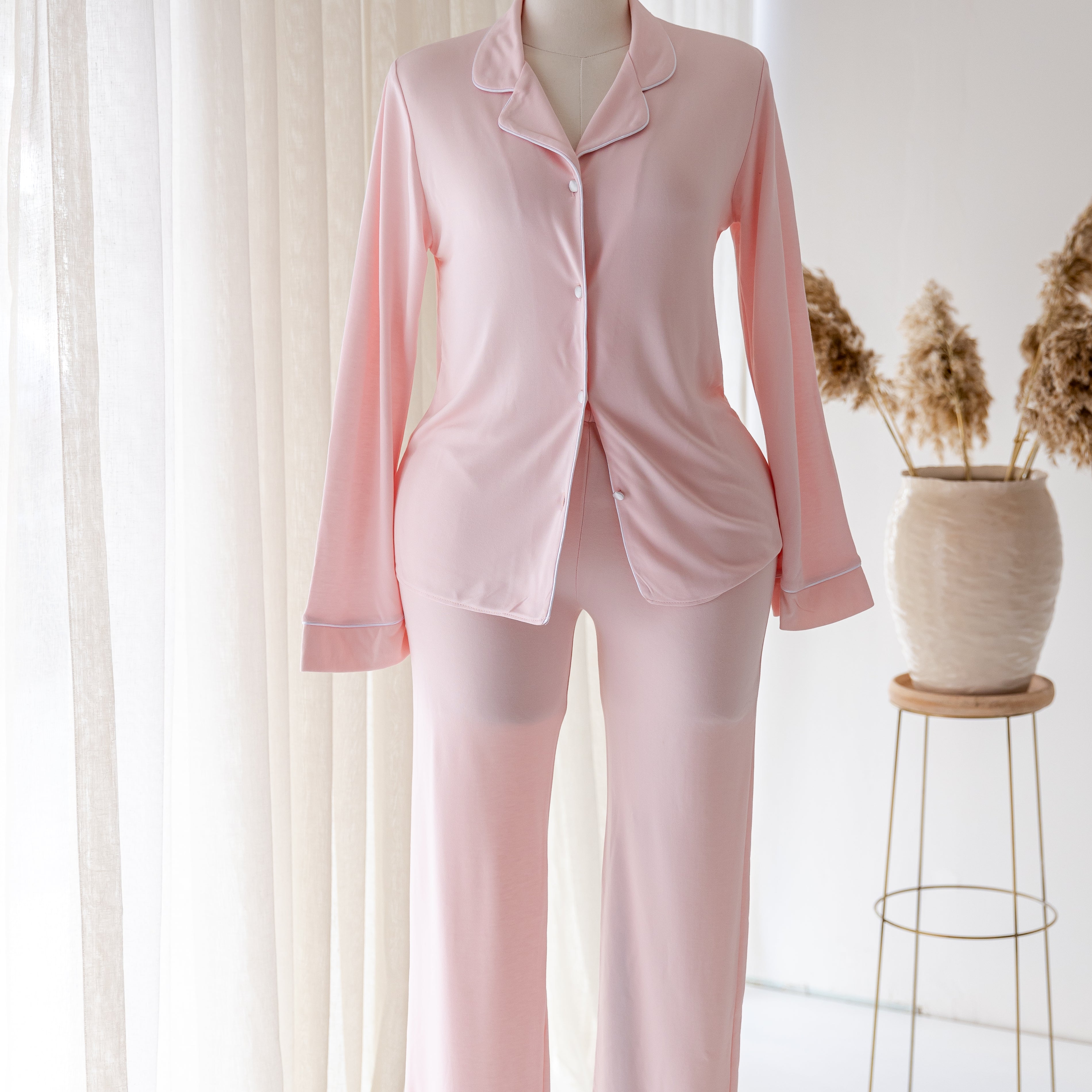 Asteria Pembe Gömlek Yaka Pamuklu Pijama Takımı