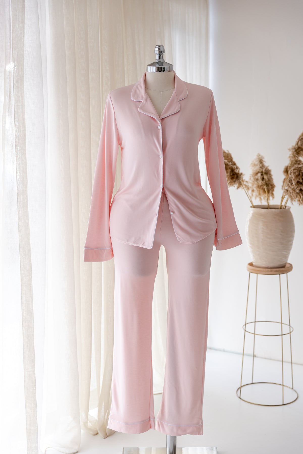 Asteria Pembe Gömlek Yaka Pamuklu Pijama Takımı