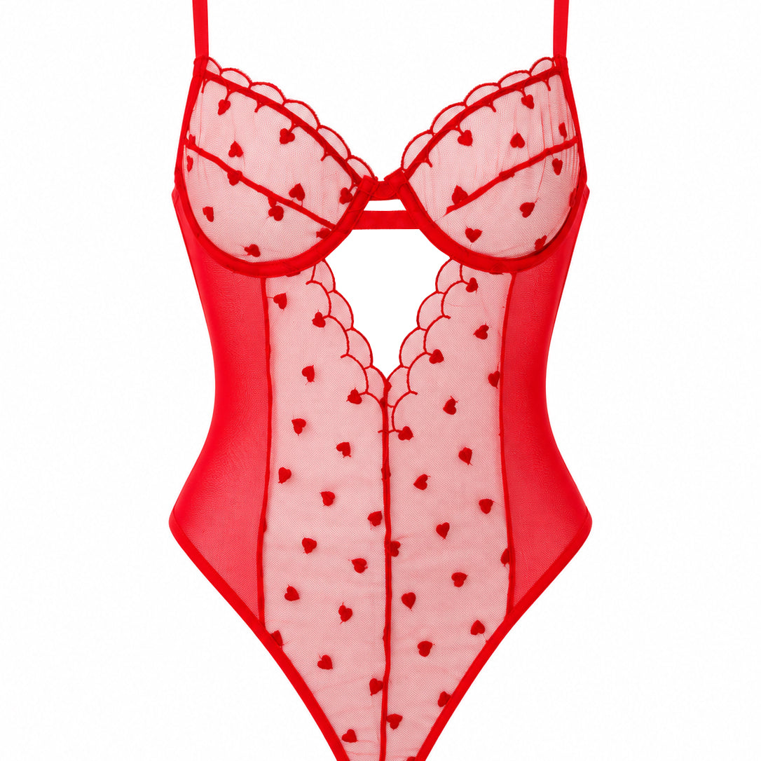 AMOUR TRANSPARAN KIRMIZI KALP DESENLİ BODSUIT 1