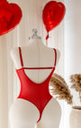 Amour Transparan Kırmızı Kalp Desenli Bodysuit