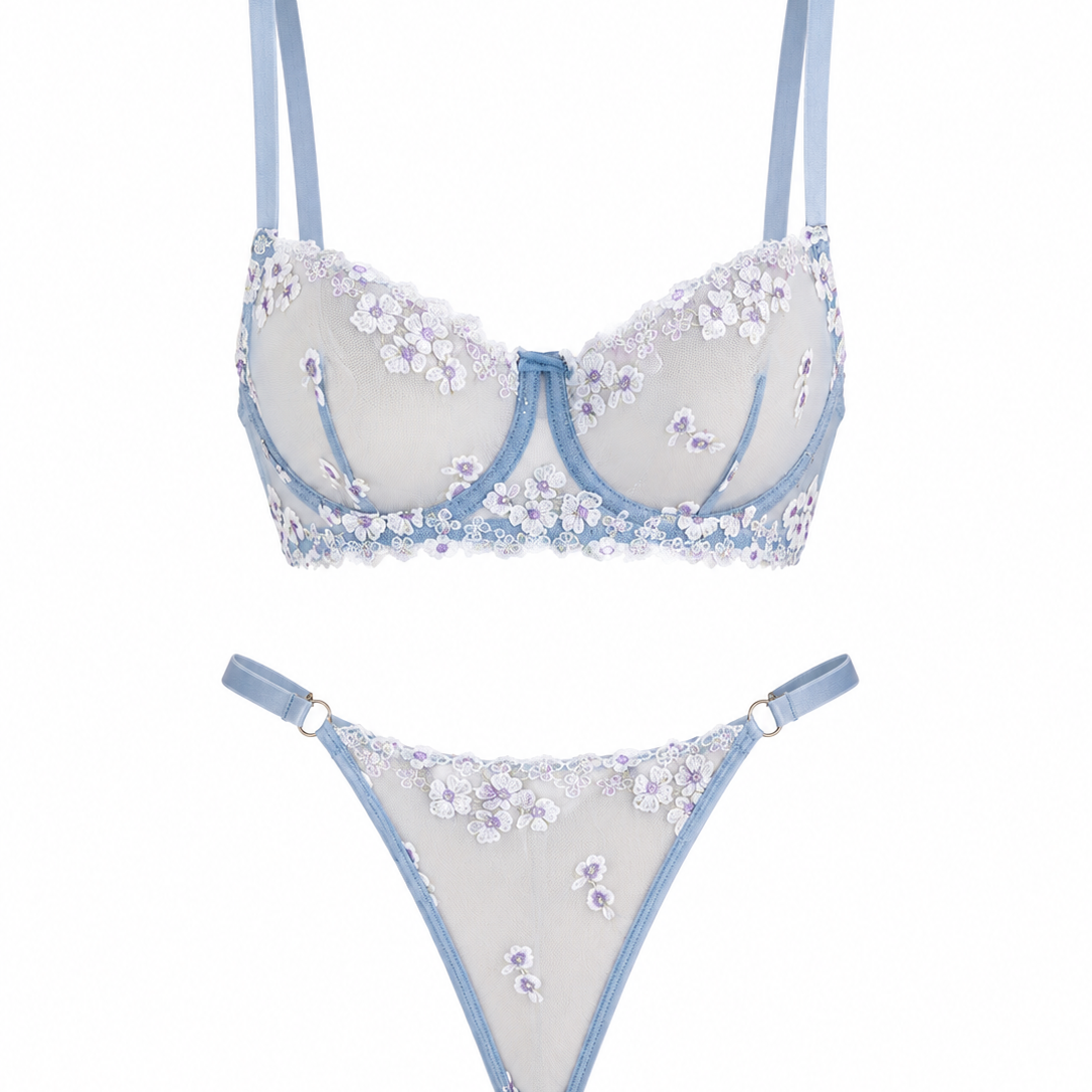 LUNA ÇİÇEKLİ MAVİ DESTEKSİZ BRALET TAKIM 1