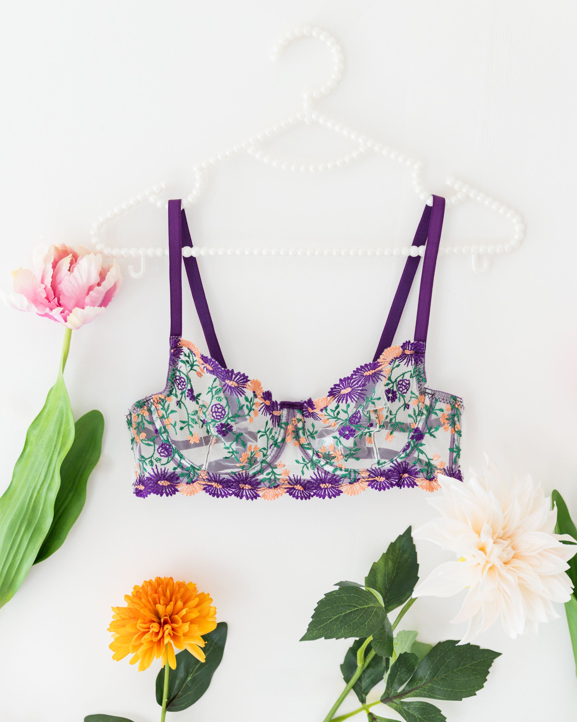 Ruby Çiçekli Mor Desteksiz Bralet Takım