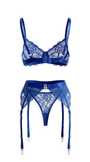 SIRENA SAKS MAVİSİ DANTELLİ, SATEN SABAHLIKLI, JARTİYER SETİ 3