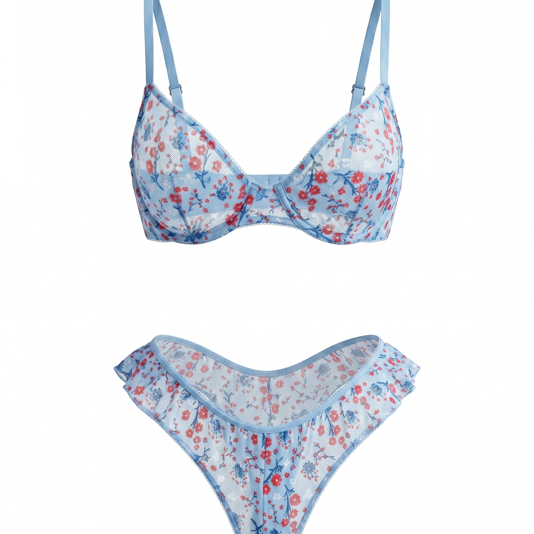 SUGAR ÇİÇEKLİ MAVİ TÜL DESTEKSİZ BRALET TAKIM 1