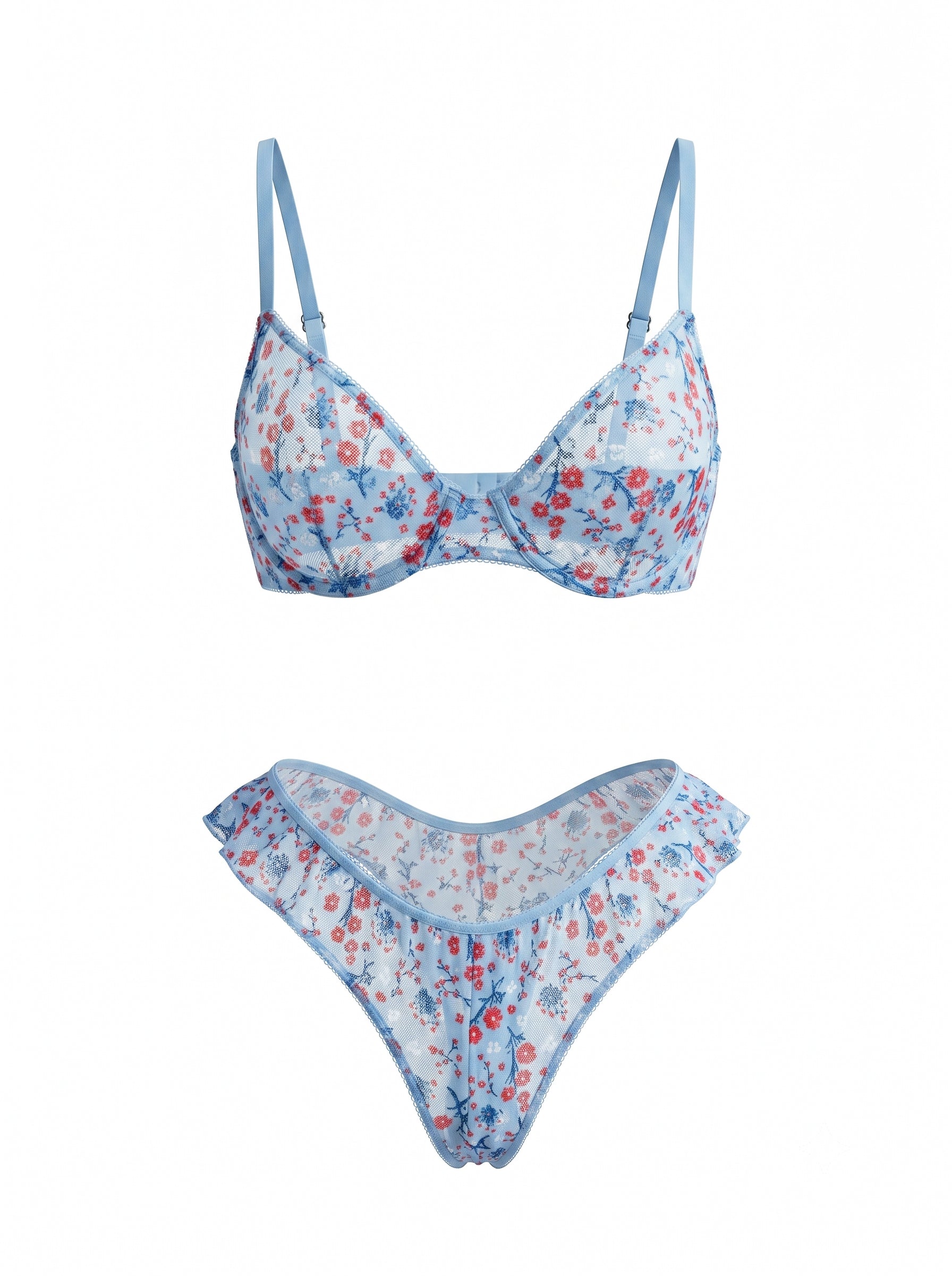 SUGAR ÇİÇEKLİ MAVİ TÜL DESTEKSİZ BRALET TAKIM 1