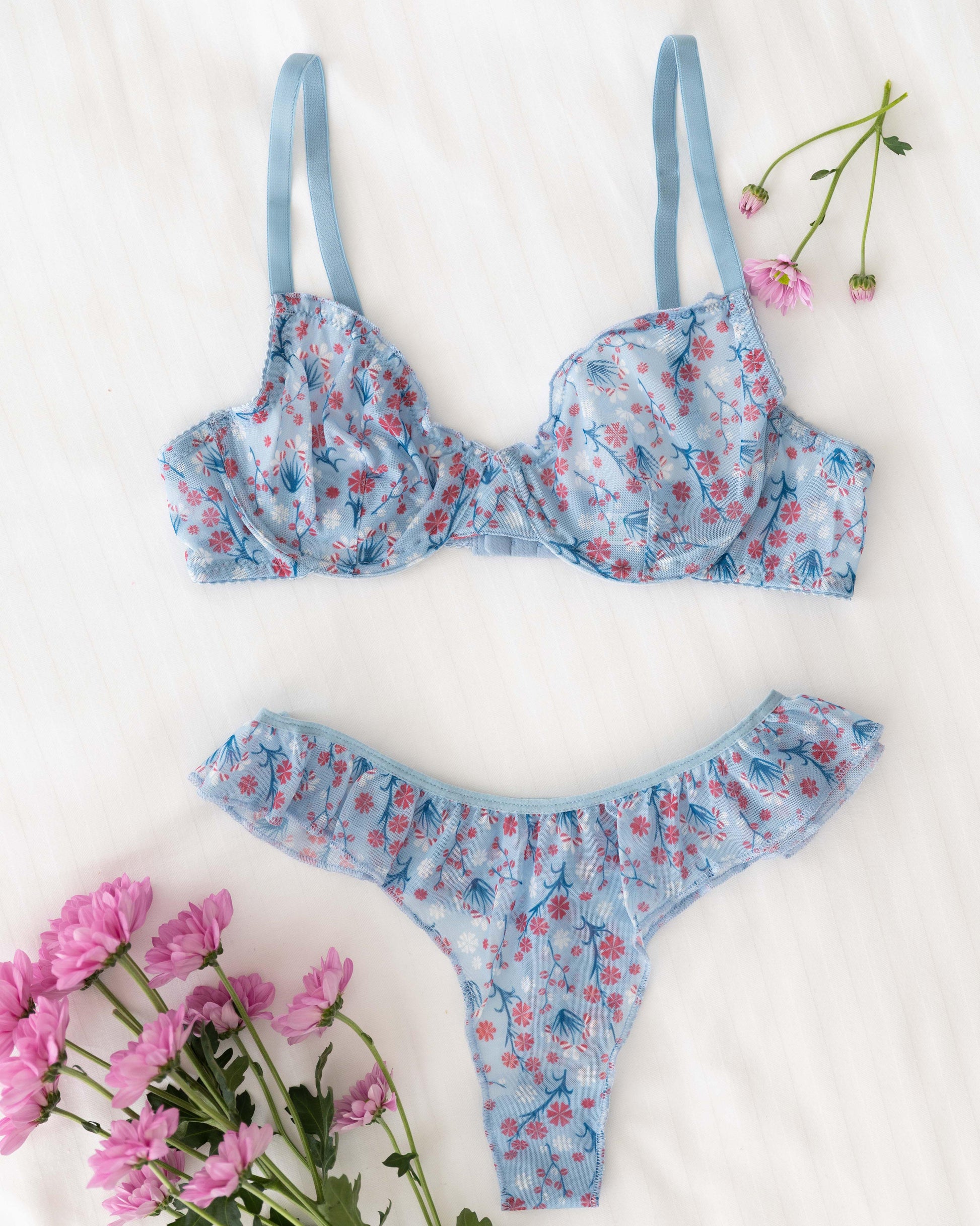 Sugar Çiçekli Mavi Tül Desteksiz Bralet Takım